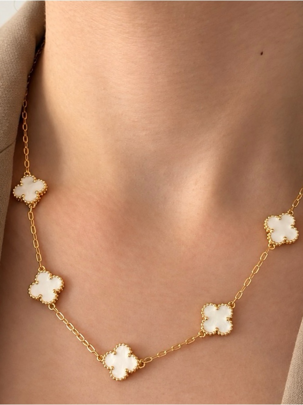 White Clover Charm Necklace 14K Gold Plated Adjustable Necklace Luck Pendant